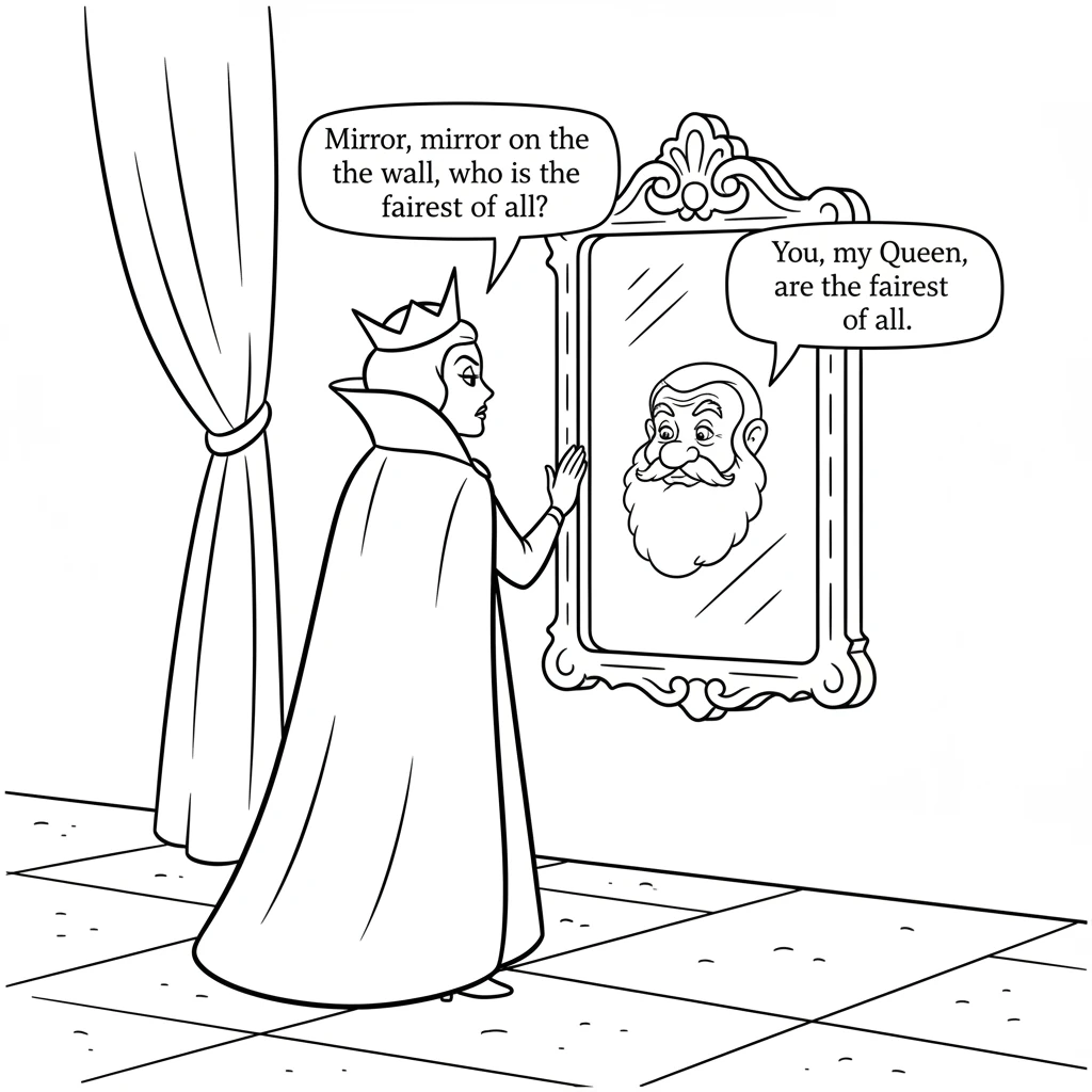 Every day, the Queen would ask her magical mirror, "Mirror, mirror on the wall, who is the fairest of them all?" The mirror always answered, "You, my