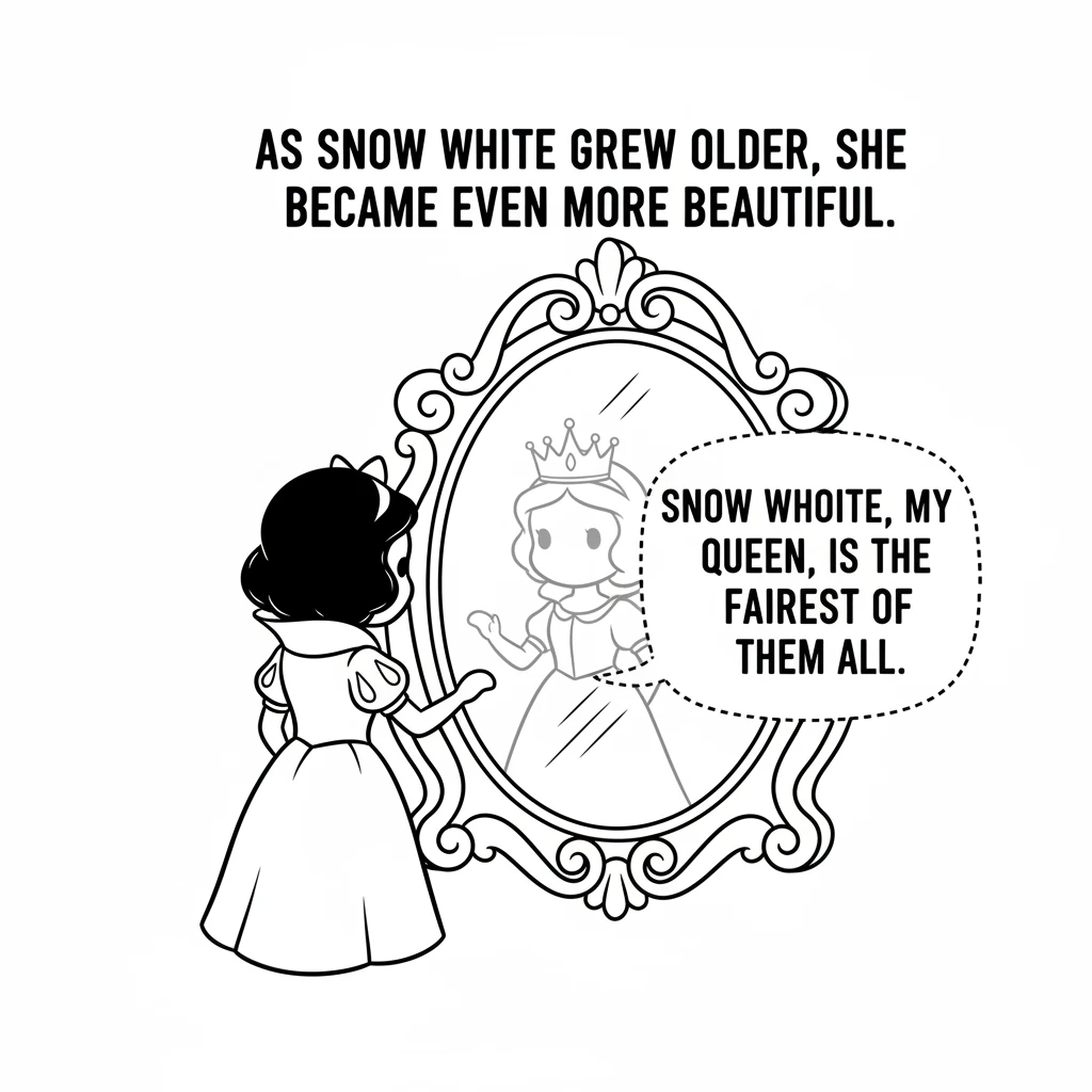 As Snow White grew older, she became even more beautiful. One day, the mirror answered differently. "Snow White, my Queen, is the fairest of them all.