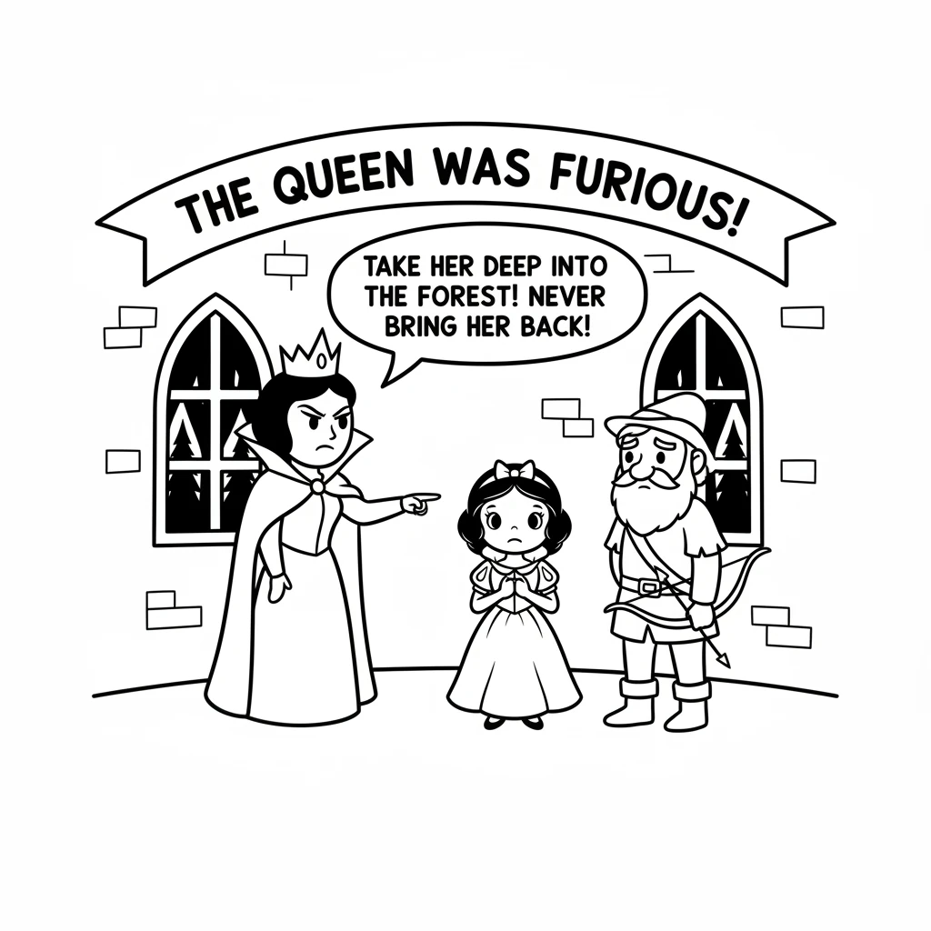 The Queen was furious! She called a kind huntsman and ordered him to take Snow White deep into the forest. She told him to never bring Snow White back