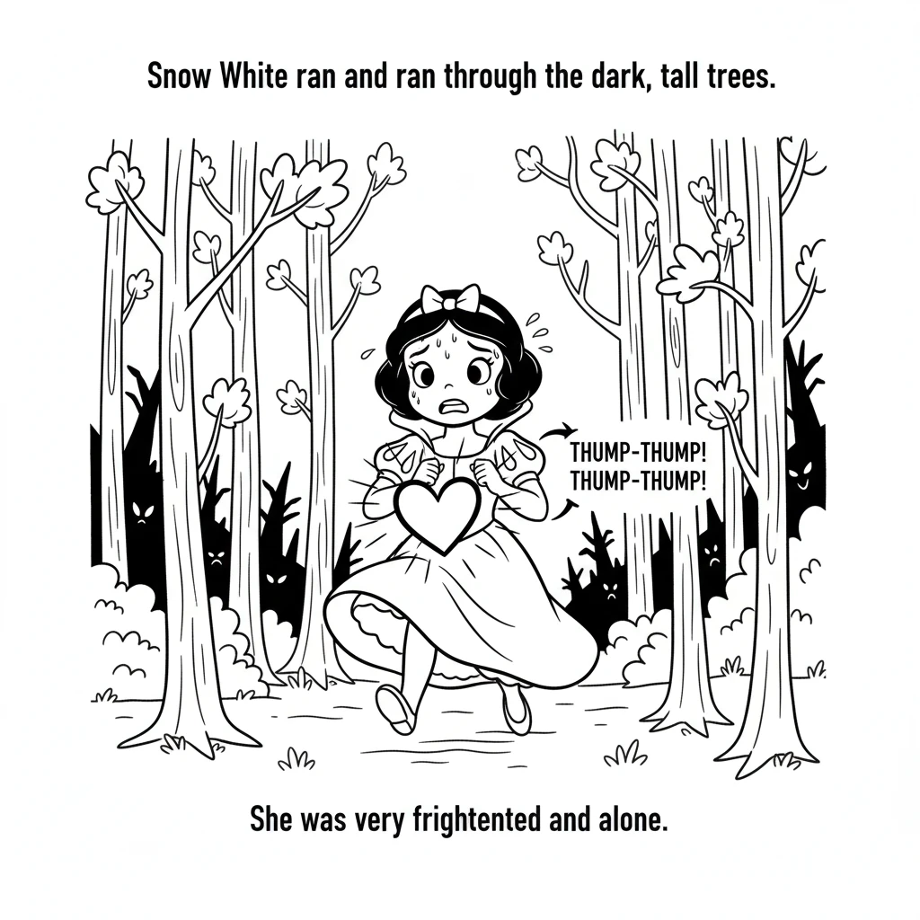 Snow White ran and ran through the dark, tall trees. She was very frightened and alone. Her heart thumped like a drum.