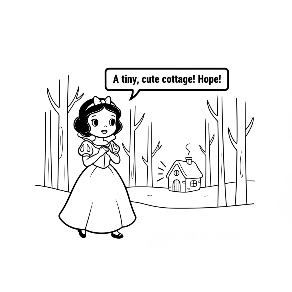 After a long time, she saw a tiny light flickering through the trees. It was a very small, cute cottage! She felt a little hope.