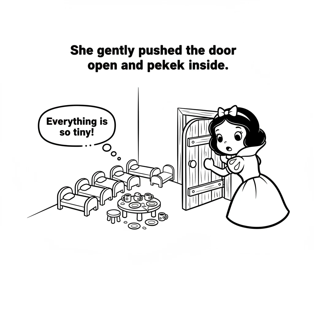 She gently pushed the door open and peeked inside. Everything was tiny! There were seven little beds and a small, messy table with seven little plates