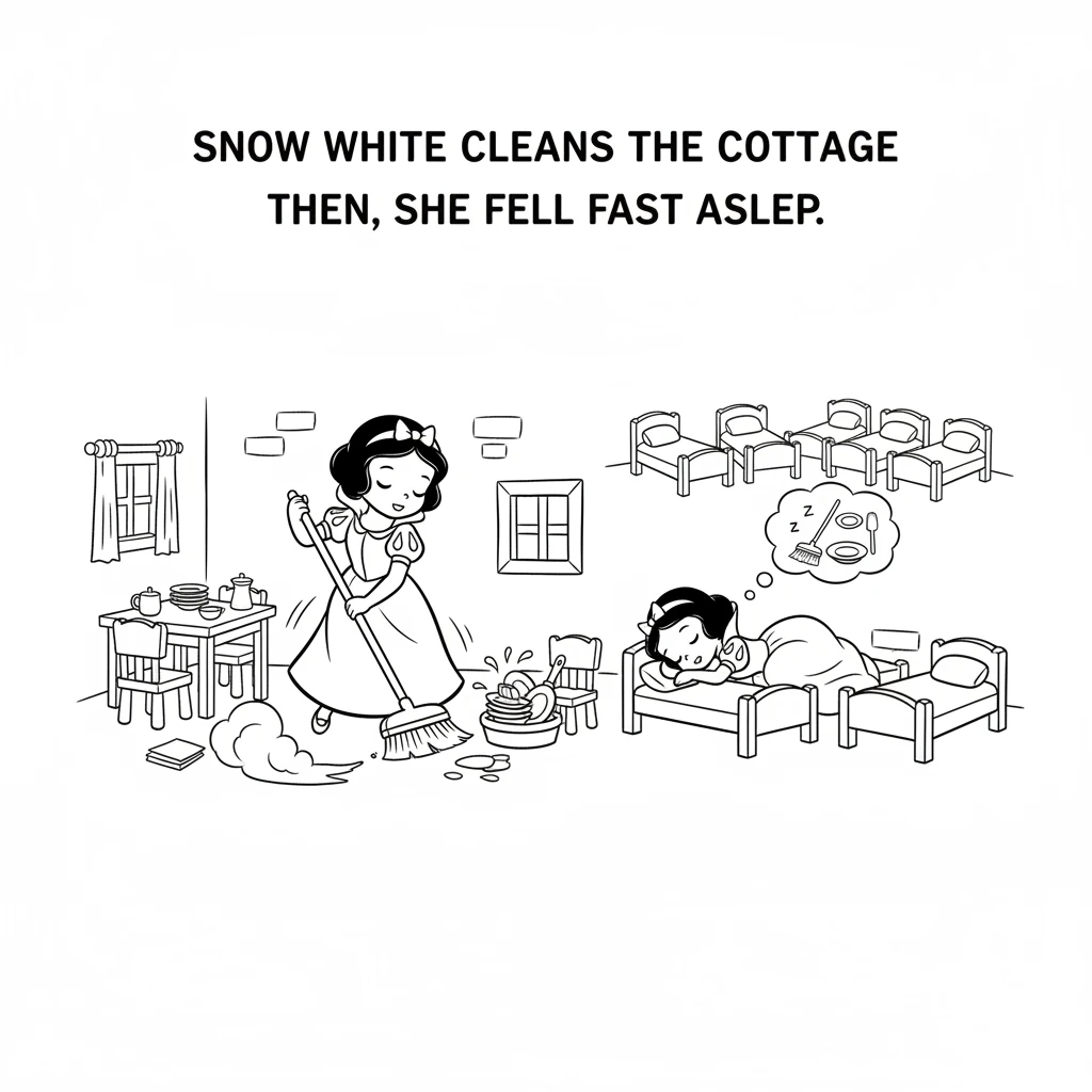 Snow White decided to clean the messy cottage. She swept the floor and washed the dishes. After all her hard work, she felt very sleepy and lay down o