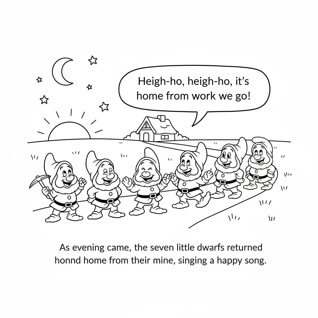 As evening came, the seven little dwarfs returned home from their mine. They were tired from a long day of digging for gems. They sang a happy song as