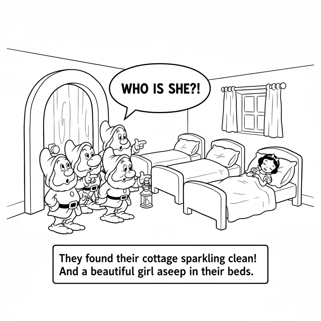They found their cottage sparkling clean! Then, they saw Snow White asleep in their beds. They were very surprised to see a beautiful girl there.