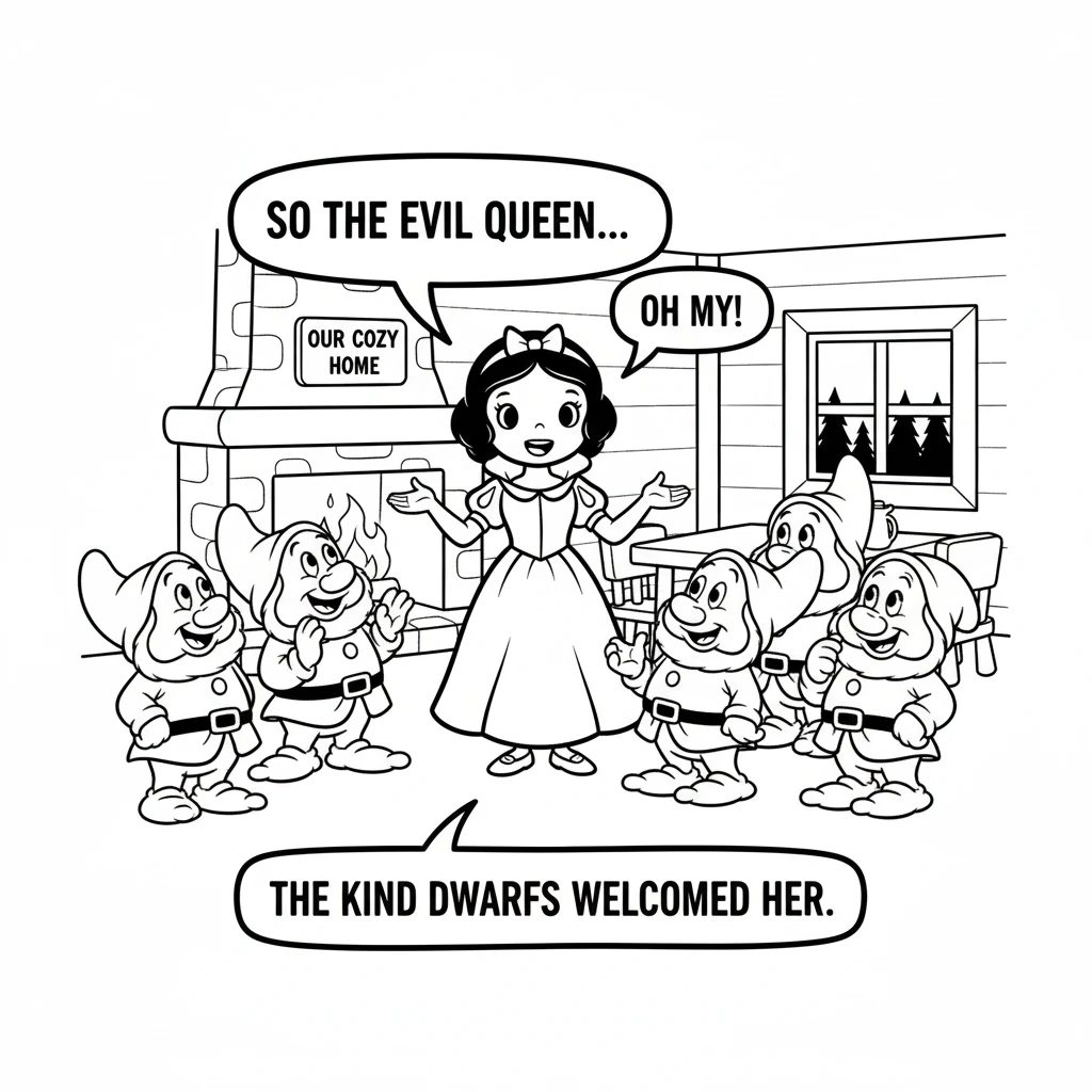 Snow White woke up and told them her story. The kind dwarfs welcomed her to stay with them. They were happy to have a friend.