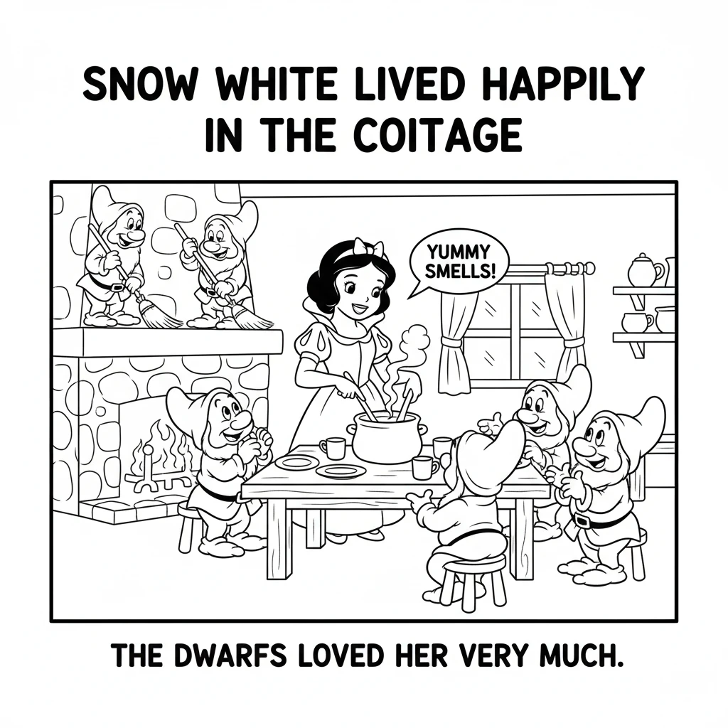 Snow White lived happily in the cottage. She cooked delicious meals and kept the house tidy. The dwarfs loved her very much, and they all became great