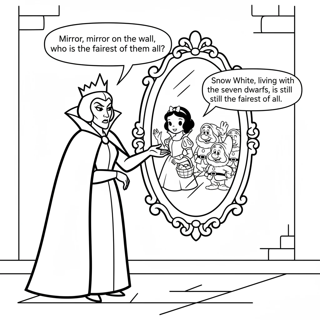 Back at the castle, the Queen asked her magic mirror again, "Mirror, mirror on the wall, who is the fairest of them all?" The mirror replied, "Snow Wh