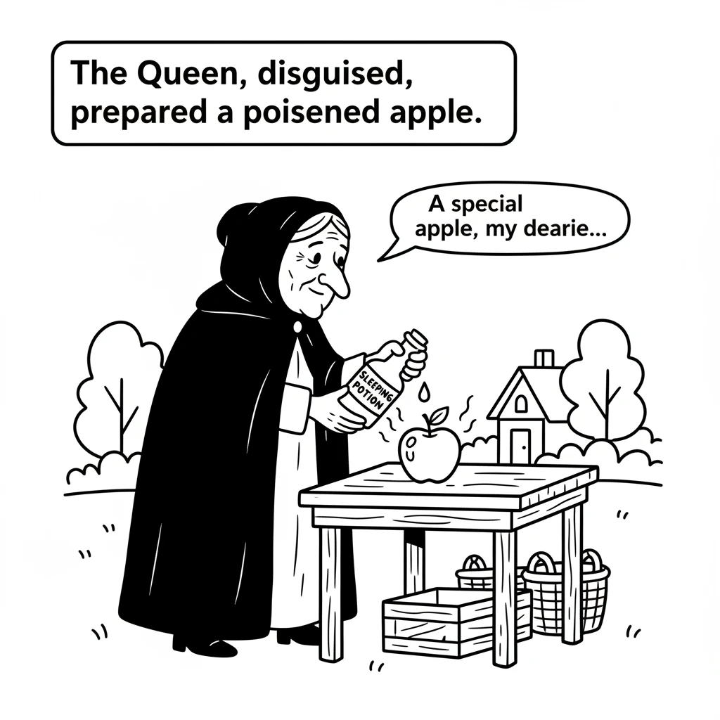 The Queen was enraged! She disguised herself as an old peddler woman, putting on a cloak and hood. She prepared a shiny, red apple, poisoned with a sl