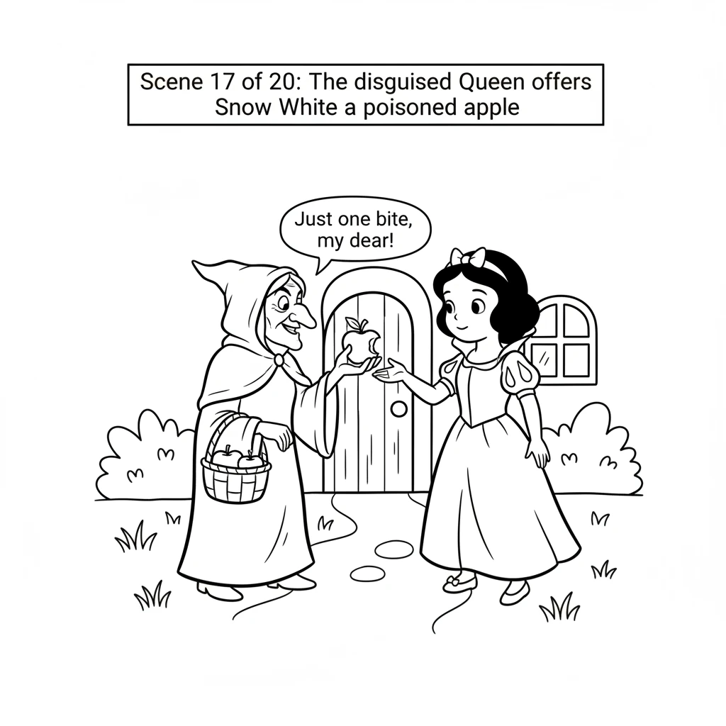 The disguised Queen went to the dwarfs' cottage. She offered Snow White the beautiful apple. "Just one bite, my dear," she said with a fake smile.