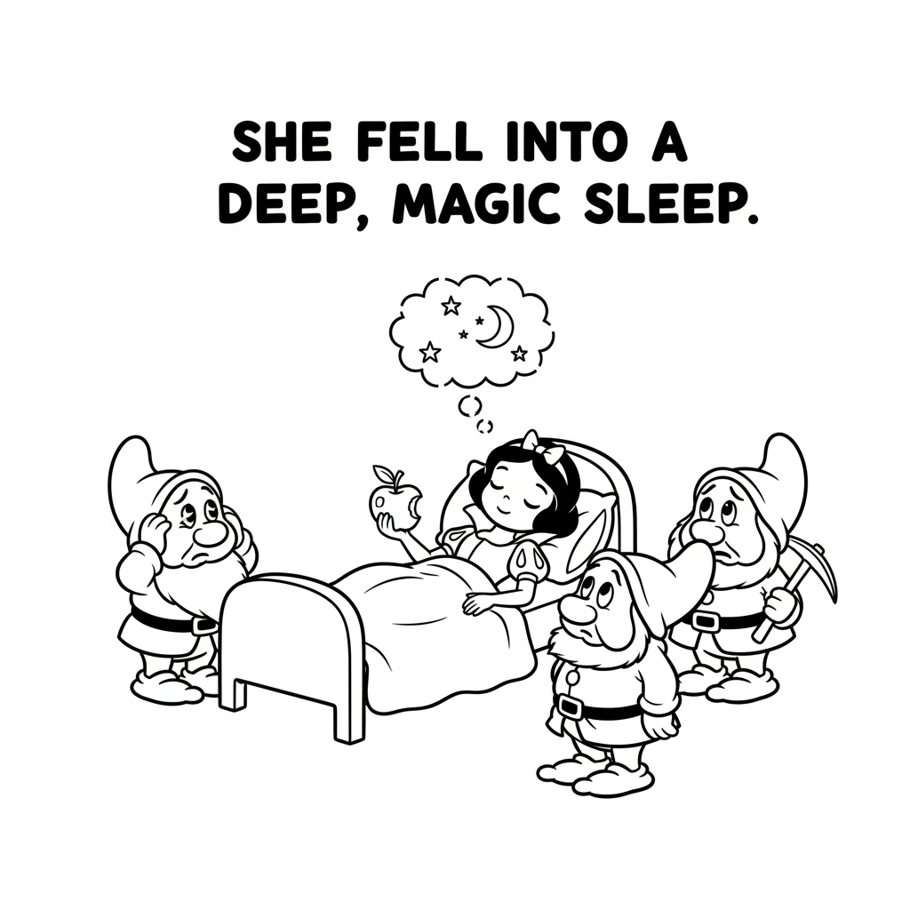 Snow White took a bite of the delicious-looking apple. Instantly, she fell into a deep, magic sleep. She lay still, like she was dreaming.