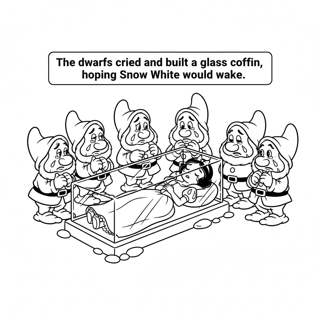 The dwarfs found Snow White and were heartbroken. They cried for their dear friend. They built a beautiful glass coffin and placed her inside, hoping