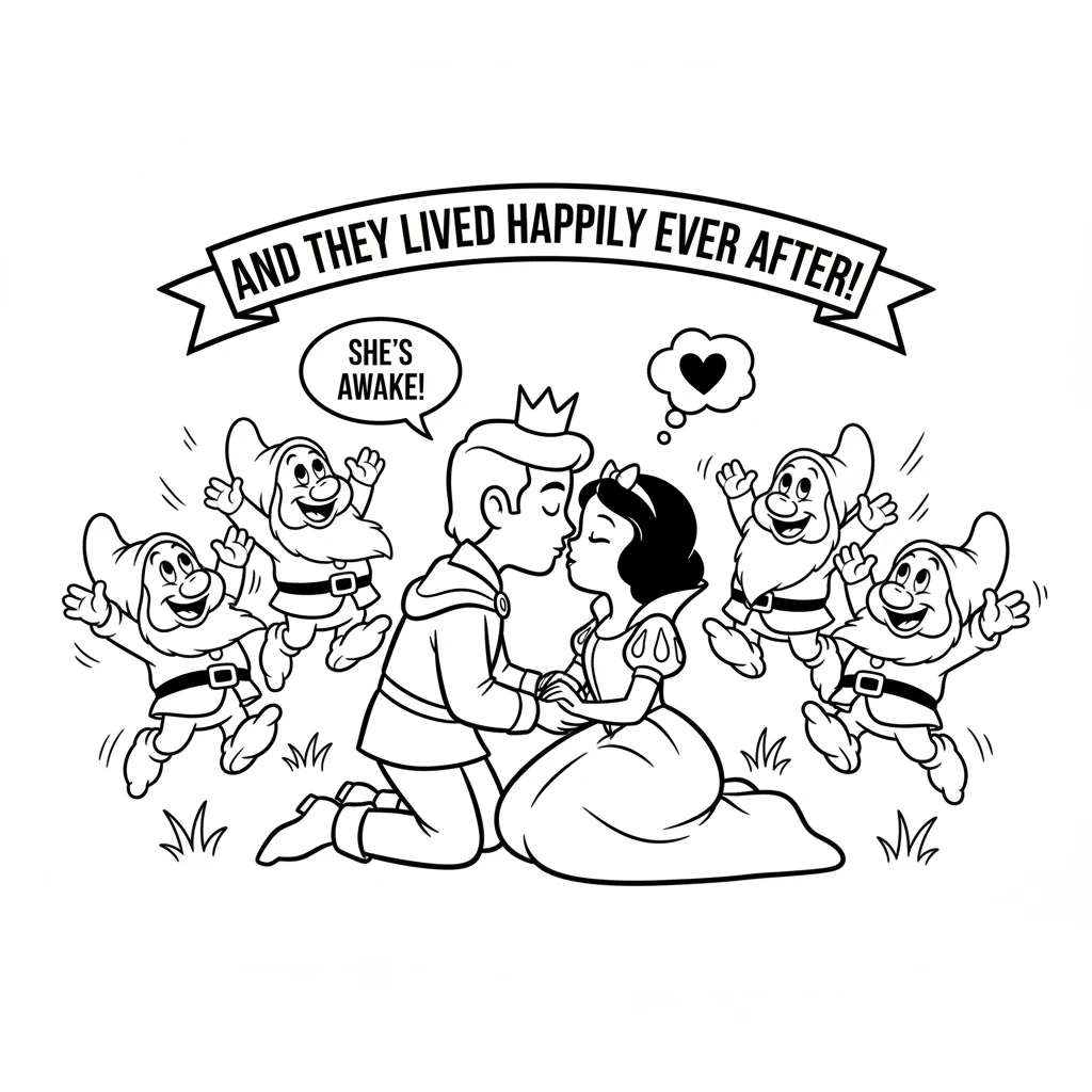 One day, a kind prince rode through the forest and saw Snow White. He was so moved by her beauty that he gently kissed her forehead. The magic spell b