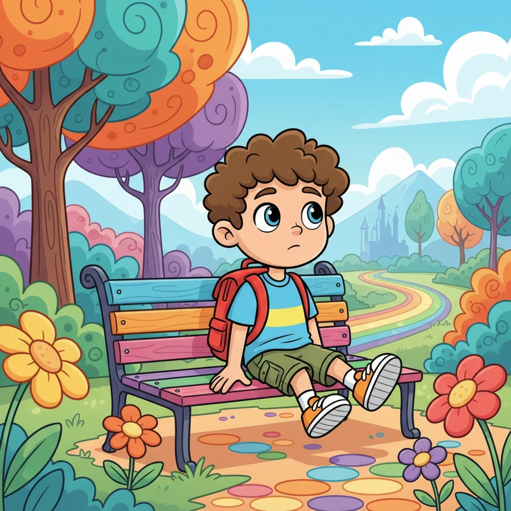 Leo, a cheerful boy with a bright red backpack, sits on a park bench, looking a little bored. He kicks his feet back and forth, wondering what exciting things the day might hold. The world around him is a kaleidoscope of colors, but he longs for a grand adventure.