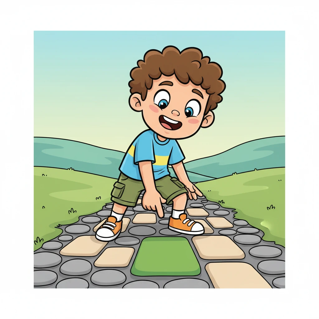 He points to a single, perfectly rectangular paving stone. It's a bold green, outlined in a darker shade, standing out from its neighbors. Leo giggles, realizing this common shape is a true building block of his path.