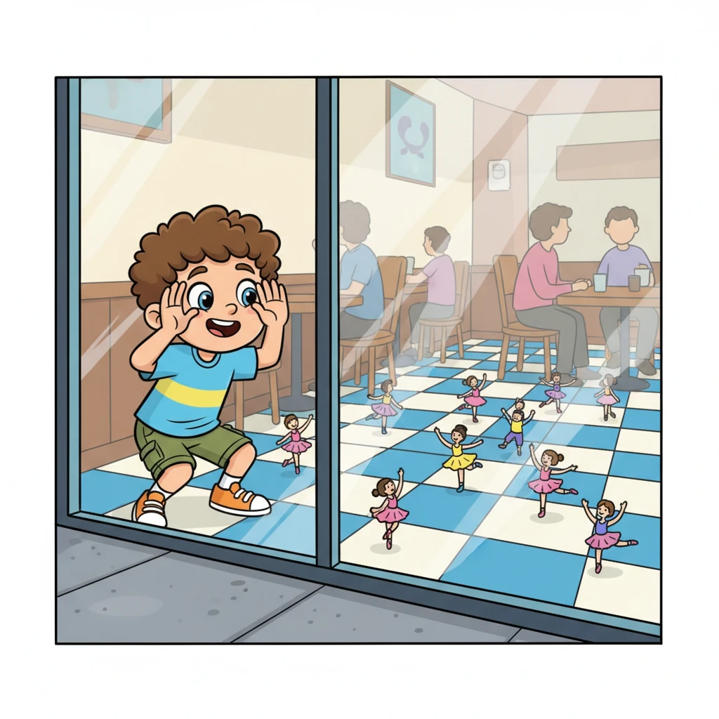 Next, Leo peeks into a bustling cafe window, noticing the floor inside. It's covered in crisp, blue square tiles, laid out in a checkerboard pattern. He imagines tiny dancers twirling across the neat, geometric stage.