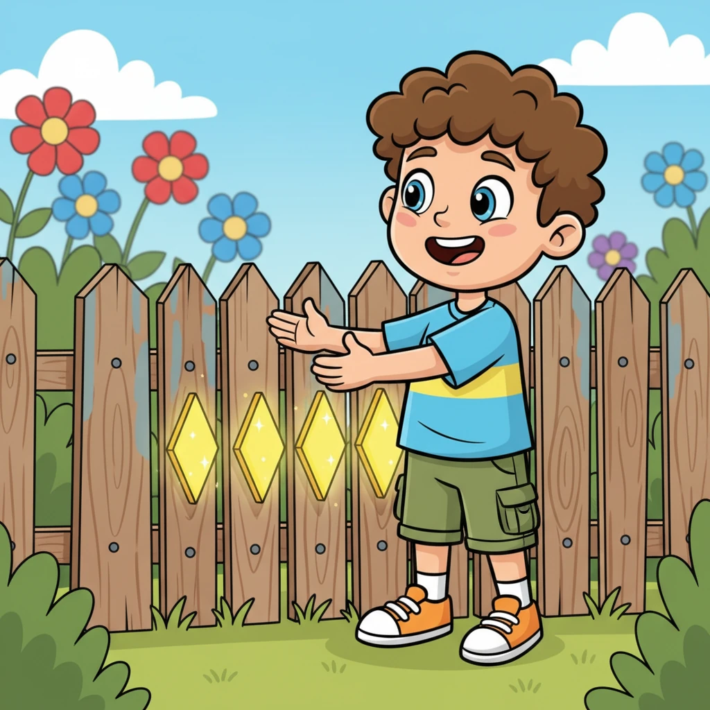 His adventure continues to a playful garden fence, where he discovers a series of vibrant yellow diamond shapes, or rhombuses, intricately woven into the design. They sparkle like jewels, adding a touch of elegance to the rustic wood.