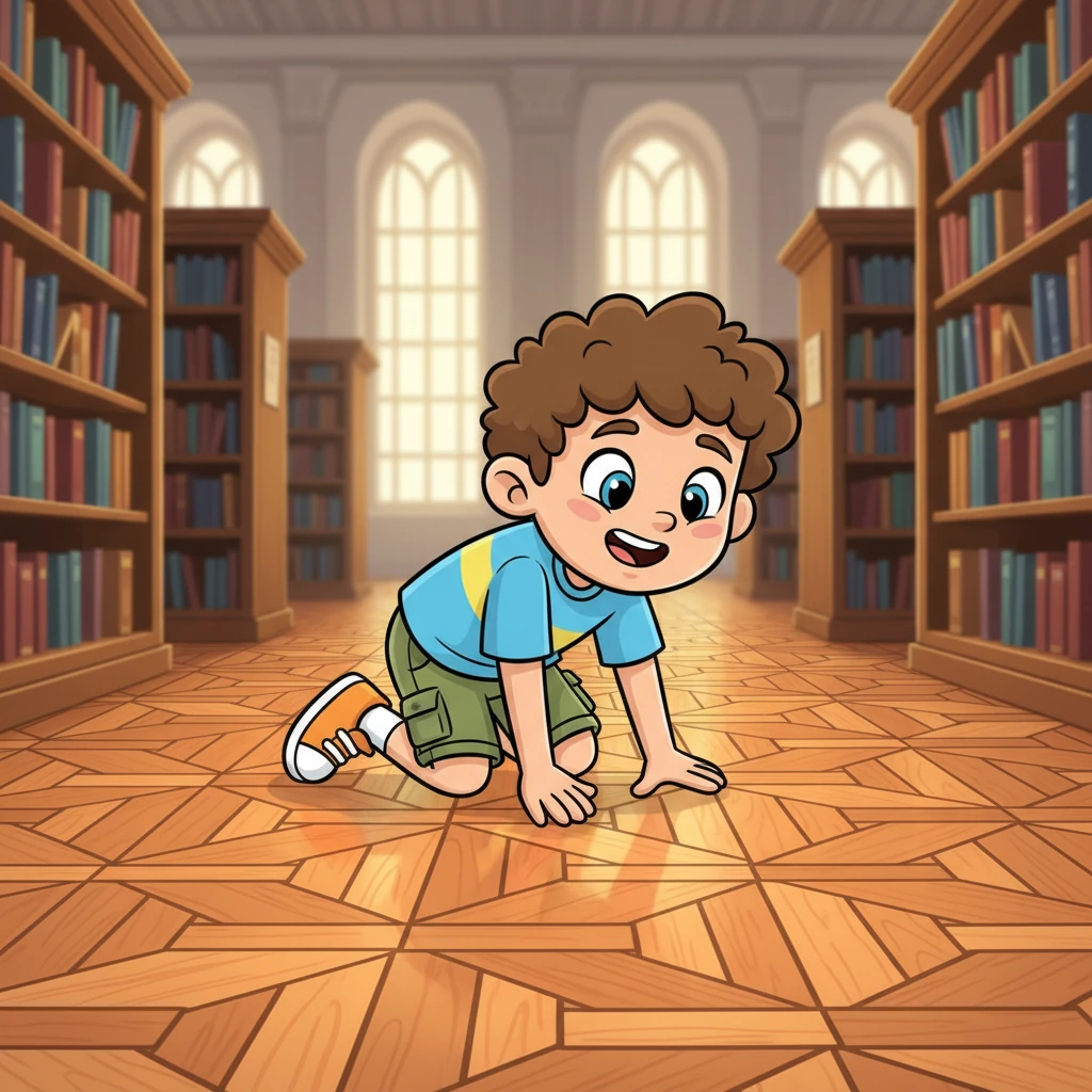 Later, Leo finds himself in a grand old library, where the wooden floor gleams. He kneels down to admire the parquet, noticing the many orange parallelogram shapes fitting together like puzzle pieces. Each one points in a different direction, creating a dynamic flow.