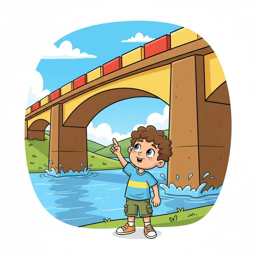Looking up at a majestic bridge arching over a sparkling river, Leo spots large, sturdy trapezoids forming its supports. They stand strong and proud, holding the entire structure together with their unique, angled sides.