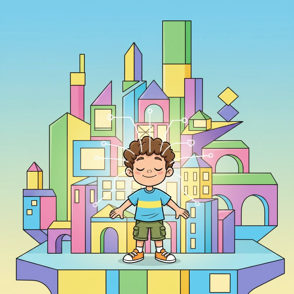 Leo closes his eyes for a moment, and his imagination takes flight! He sees all the shapes he's discovered—rectangles, squares, rhombuses, parallelograms, and trapezoids—interlocking and expanding, building an entire whimsical city around him. Buildings, roads, and bridges come alive with geometric precision.