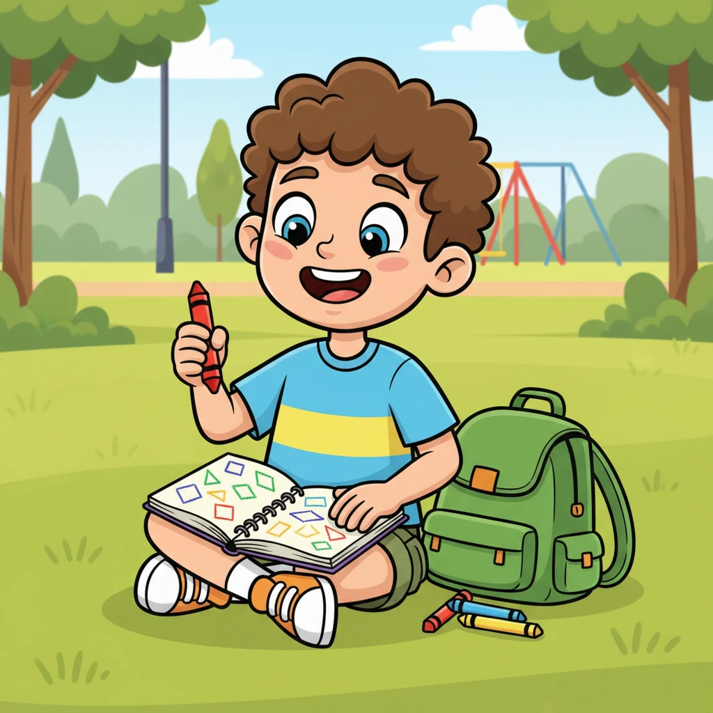 Inspired, Leo pulls out a small notebook and a crayon from his backpack. With a huge grin, he begins to enthusiastically sketch all the quadrilaterals he observed, filling the page with colorful shapes. Each line is drawn with newfound understanding and joy.