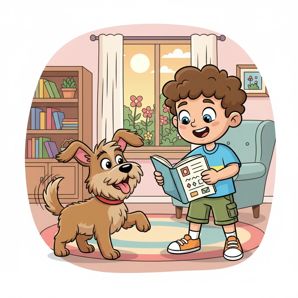 Finally, Leo rushes home, eager to share his discoveries. He proudly shows his notebook to his excited dog, Sparky, who wags his tail furiously. Leo explains how math isn't just in books, but all around them, shaping their wonderful world.