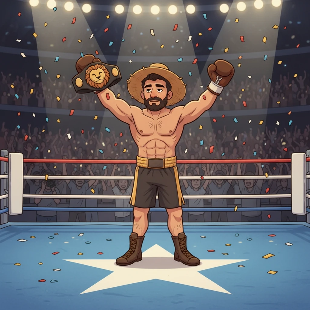 De volta aos EUA, Santiago ascende ao sucesso. Ele conquista títulos, fama e fortuna. No entanto, a ambição o afasta de seus valores. A imagem representa Santiago no ringue, celebrando uma vitória, mas com um olhar distante.