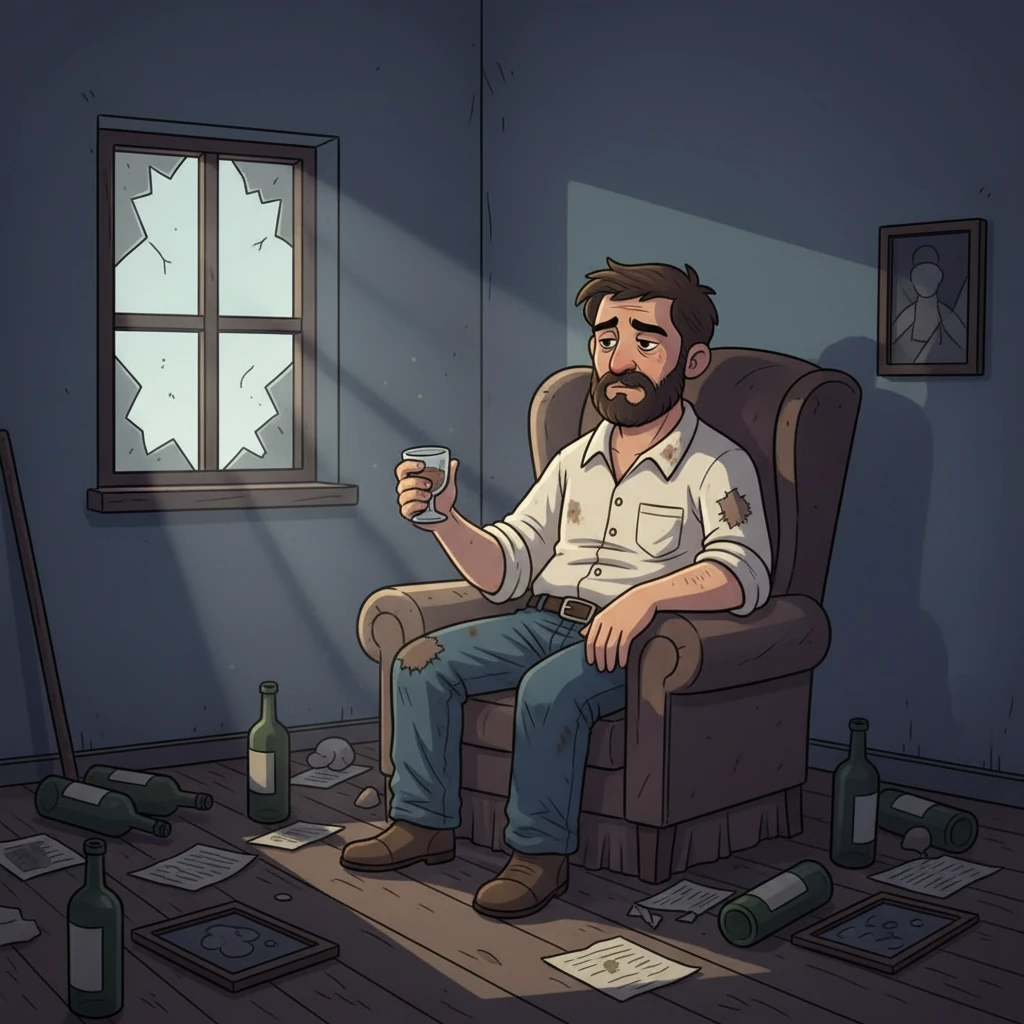 O auge traz a queda. Escândalos, traições e o peso da solidão o consomem. Santiago se afunda em vícios e desesperança. A ilustração mostra Santiago sozinho em um quarto escuro, refletindo a desilusão.