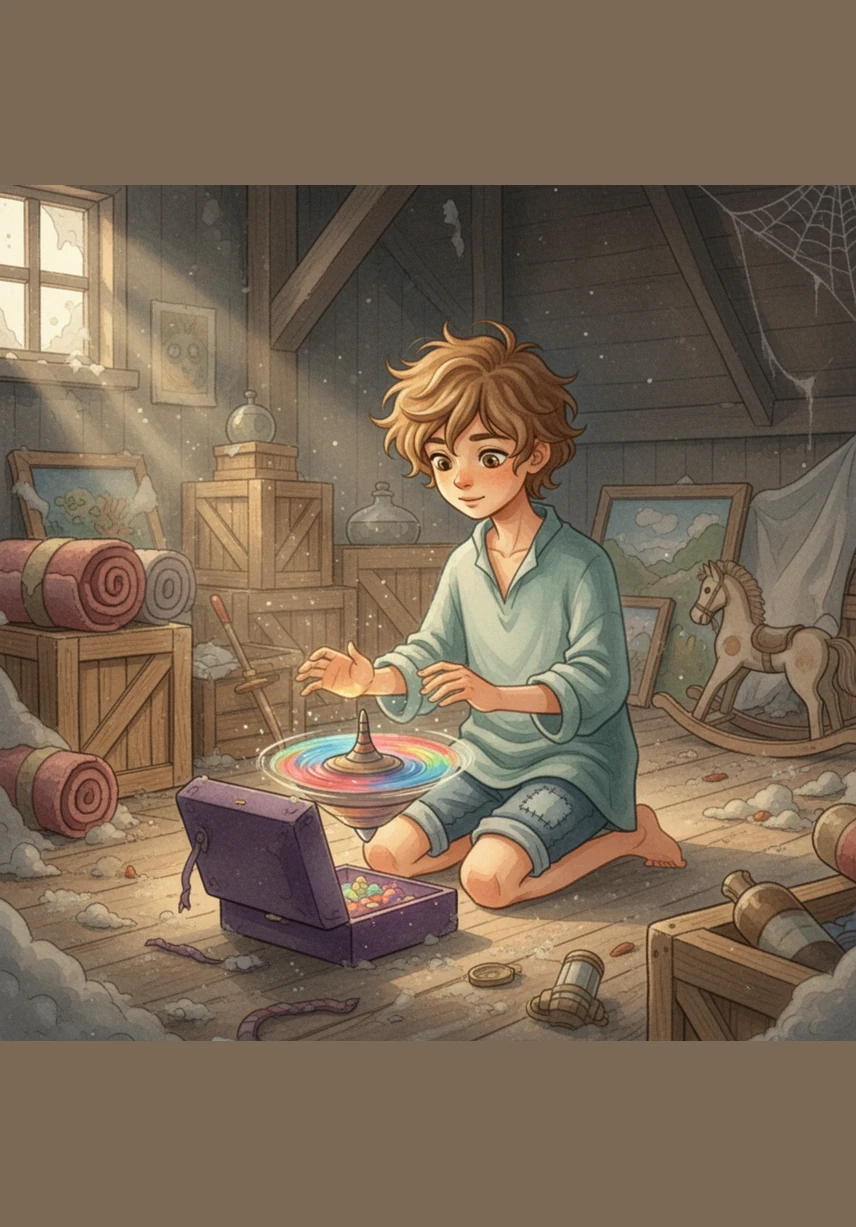 In his grandfather’s dusty attic, Leo discovers a glowing, multicolored spinning top tucked inside a velvet box. As he spins it, a spark of warmth fills his chest, and he whispers a hopeful thought that maybe today will be full of wonderful surprises.