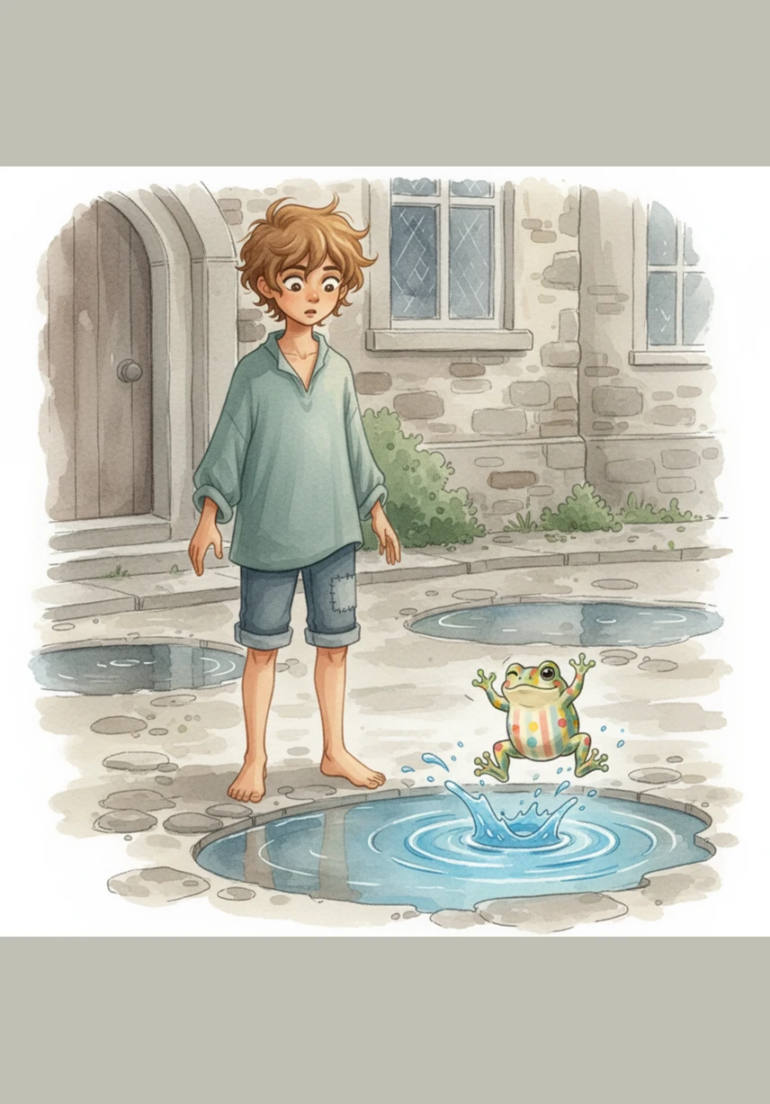 When Leo steps outside, he imagines the gray puddles are actually portals to a vibrant, hidden world. Suddenly, a splash of bright blue ripples across the water, and a cheerful, patterned frog leaps out to greet him with a playful wink.