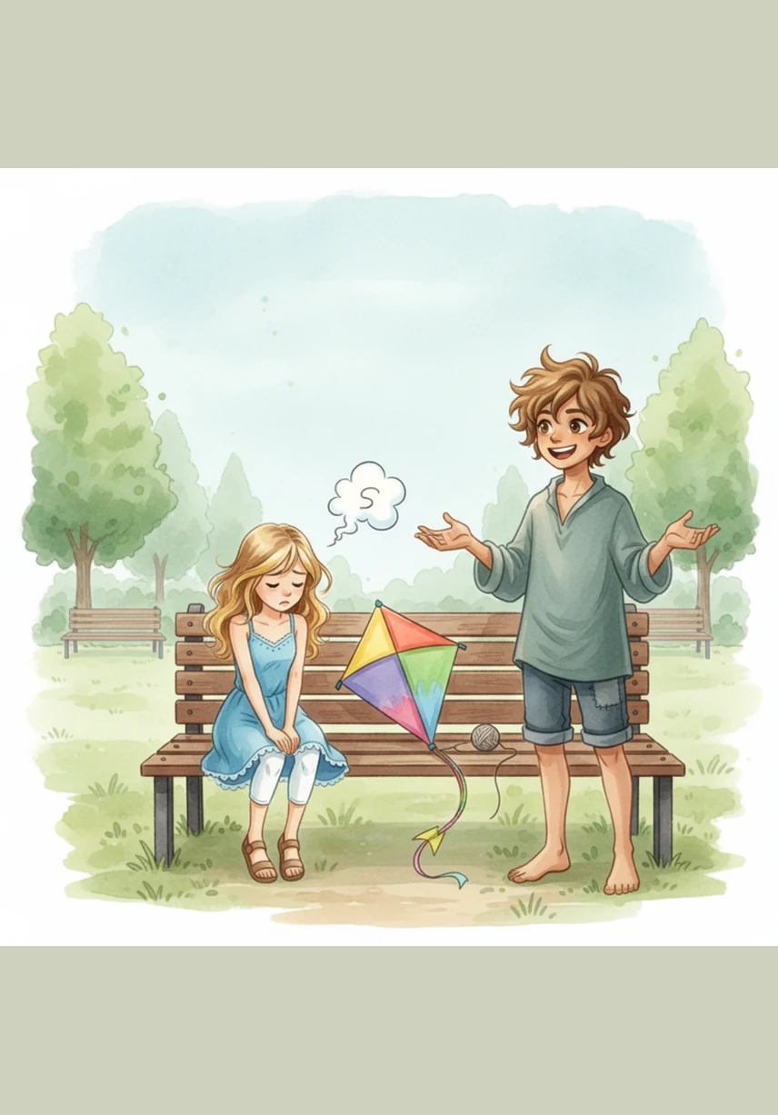 He finds his friend Maya sitting on a park bench, sighing because her kite won't fly in the still, heavy air. Leo grins and tells her that the wind is just waiting for them to start a grand adventure with their laughter and high spirits.