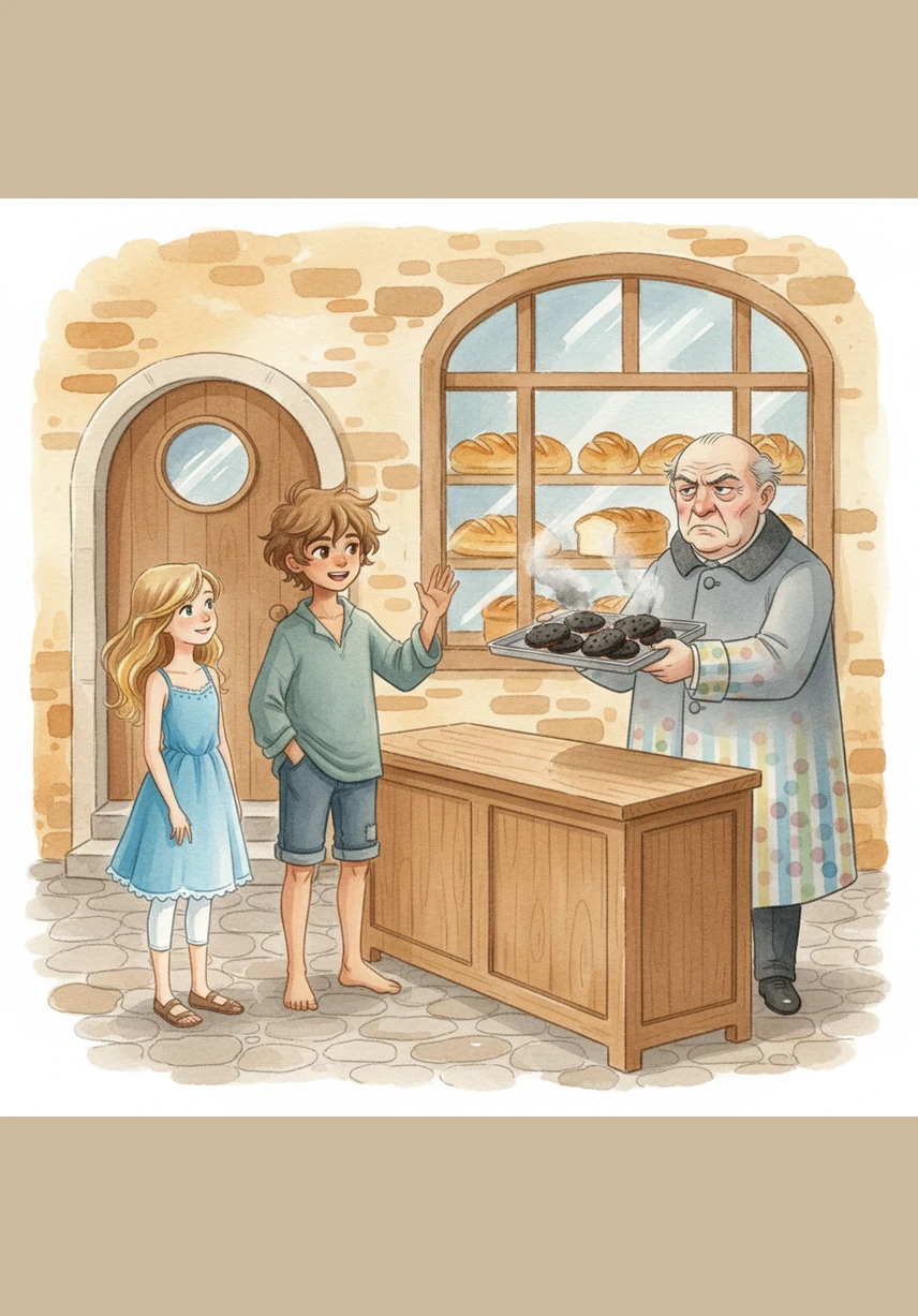 They pass the local bakery where Mr. Grump is frowning over a tray of burnt biscuits and complaining about his luck. Leo calls out a warm greeting, telling him the toasted aroma reminds him of a cozy campfire under a starry night sky.