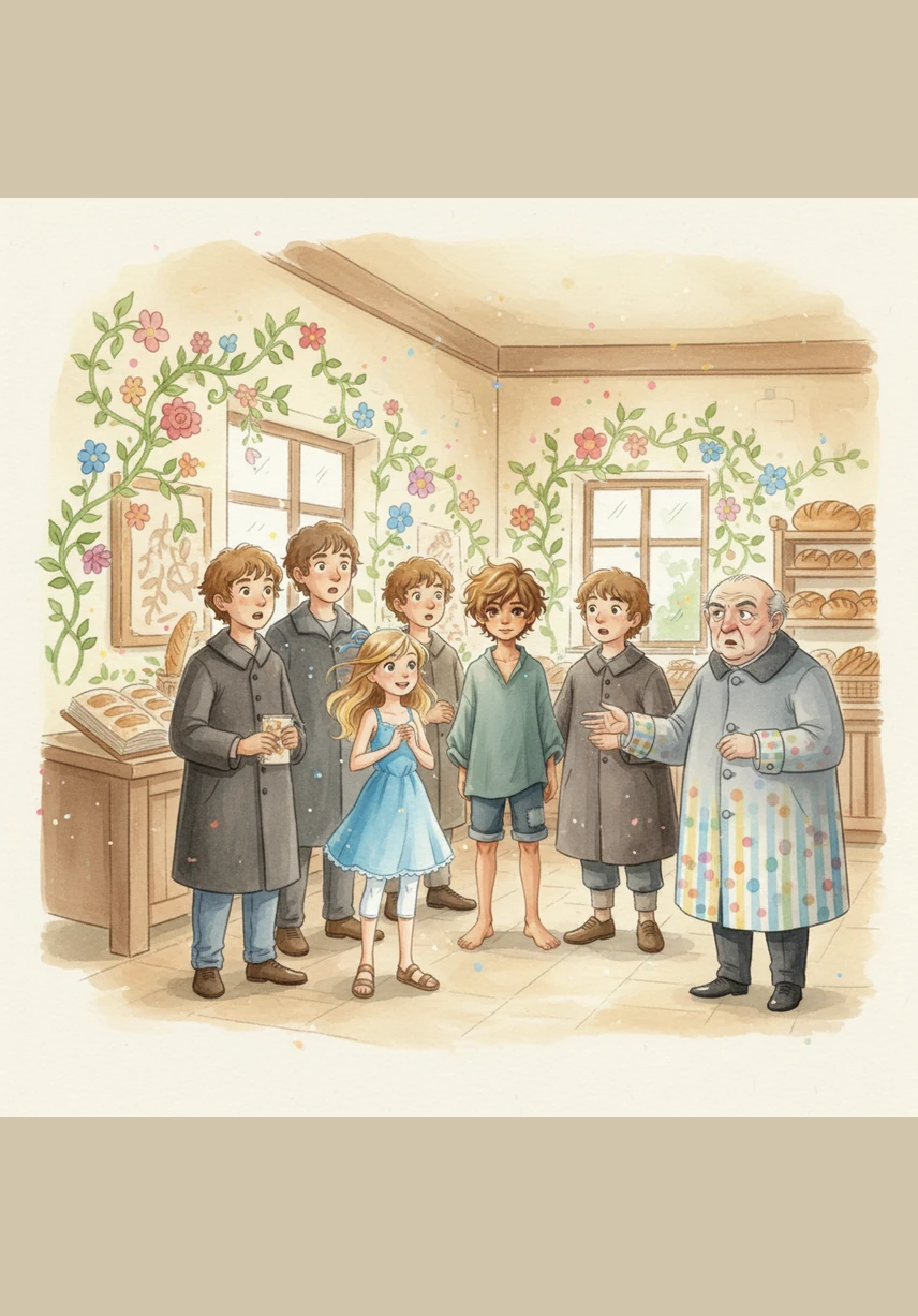 To everyone's amazement, the bakery walls begin to sprout painted ivy and colorful blossoms that look like illustrations from an old storybook. The townspeople’s dull coats start turning into vibrant patterns of stripes and polka dots as they watch in wonder.