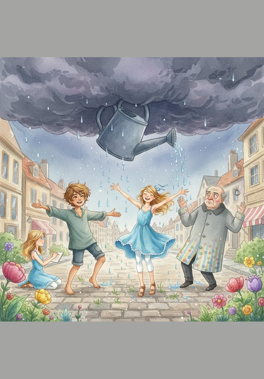 A large, dark storm cloud looms overhead, but instead of running for cover, Leo encourages everyone to see it as a giant watering can for a magical garden. He starts a rhythmic dance in the middle of the street, inviting the others to join in the fun.