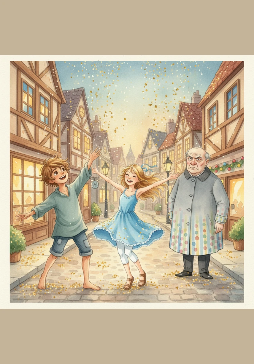 The rain begins to fall, but instead of cold water, it descends as shimmering golden glitter that makes the entire street sparkle. The entire town joins the celebration, realizing that their positive thoughts are physically changing the world around them.