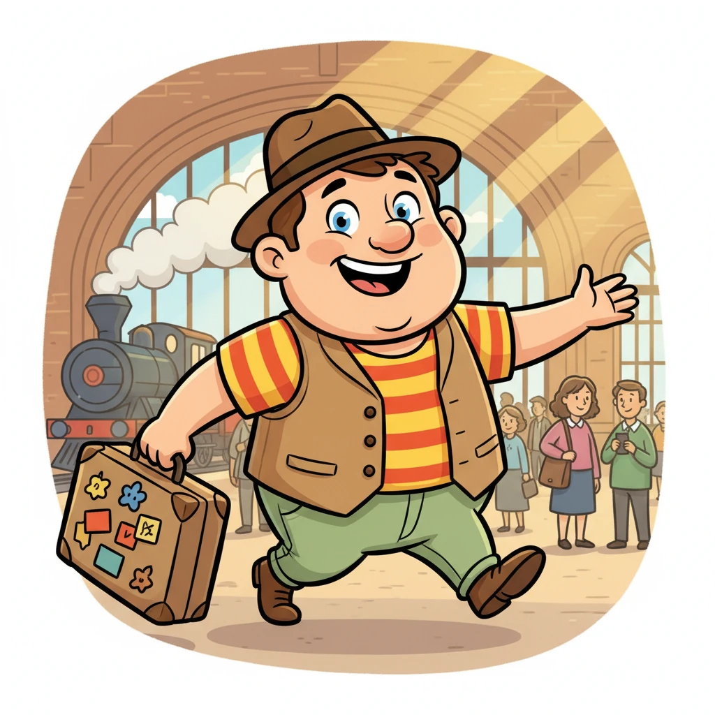 Monsieur Dubois, un papa souriant avec une valise imaginaire pleine d'espoirs, entre dans la gare animée. Son pas est léger, et son chapeau un peu de travers, signe de sa bonne humeur contagieuse. Il est prêt pour une grande aventure, du moins, pour la planification de celle-ci.