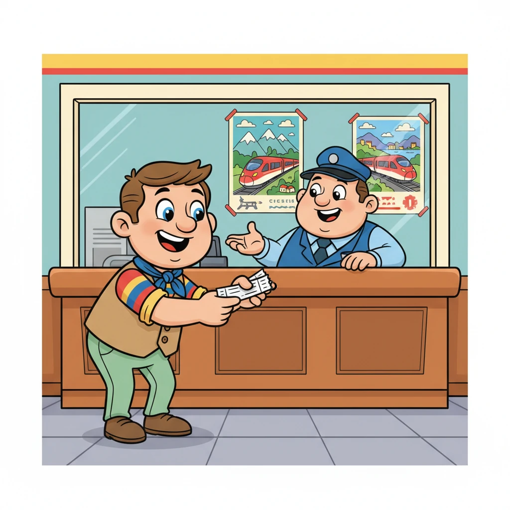 Il s'approche du guichet SNCF, où un vendeur au sourire chaleureux est confortablement installé. Des affiches colorées de trains filant à travers des paysages magnifiques décorent le mur derrière lui. L'ambiance est joyeuse et invitante.