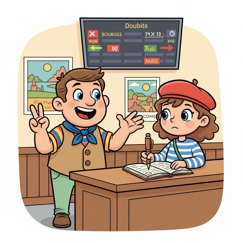 Monsieur Dubois s'incline légèrement et explique sa mission : trouver le meilleur billet aller-retour pour quatre personnes, de Bourges à Paris. Son visage est plein d'anticipation, imaginant déjà les rires de sa famille à bord du train. Le vendeur écoute attentivement, un stylo à la main.