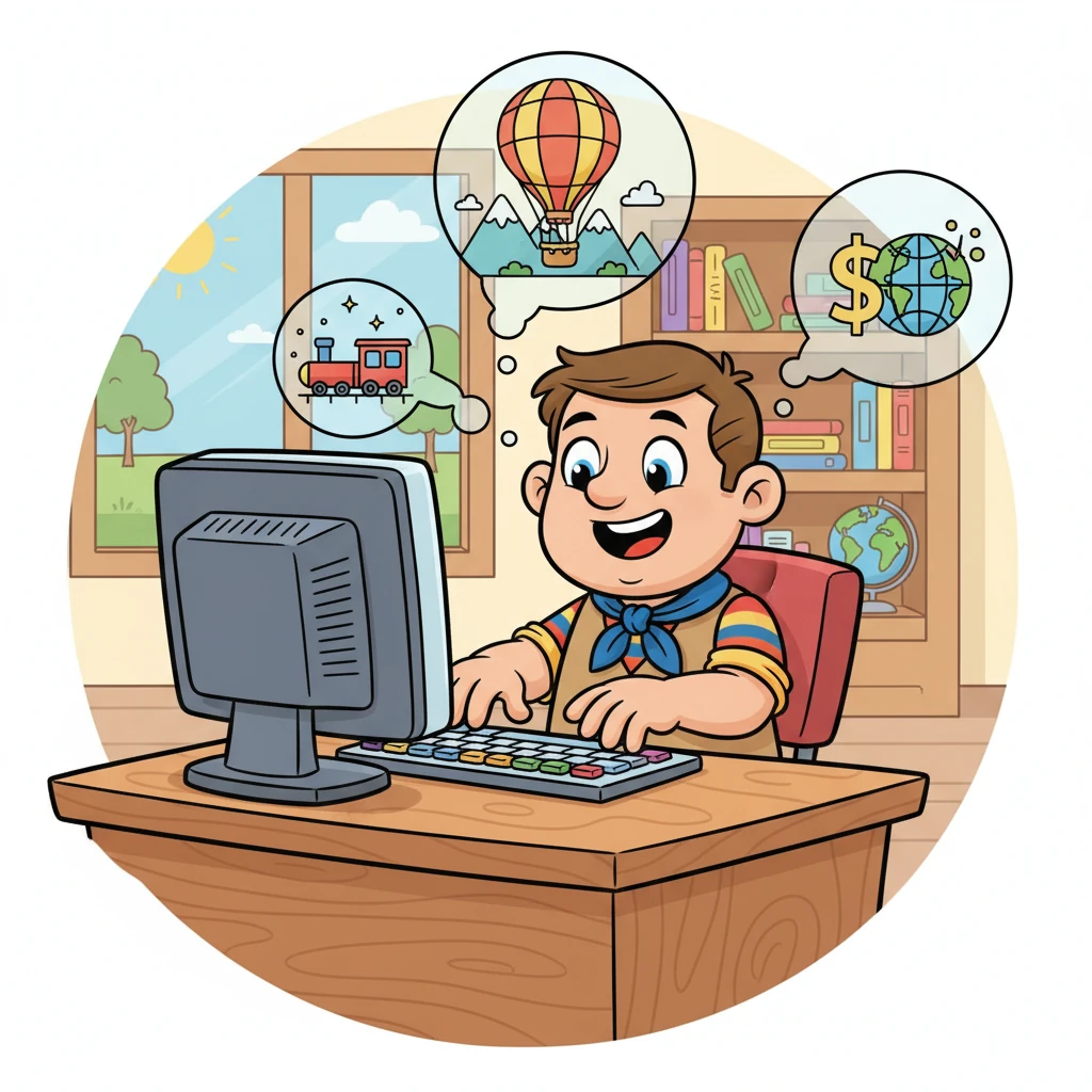 Le vendeur, avec un air concentré mais toujours amical, commence à taper sur son clavier. Ses doigts dansent sur les touches tandis qu'il explore les différentes options de voyage. Des petites bulles d'idées flottent autour de sa tête, représentant les itinéraires et les tarifs.