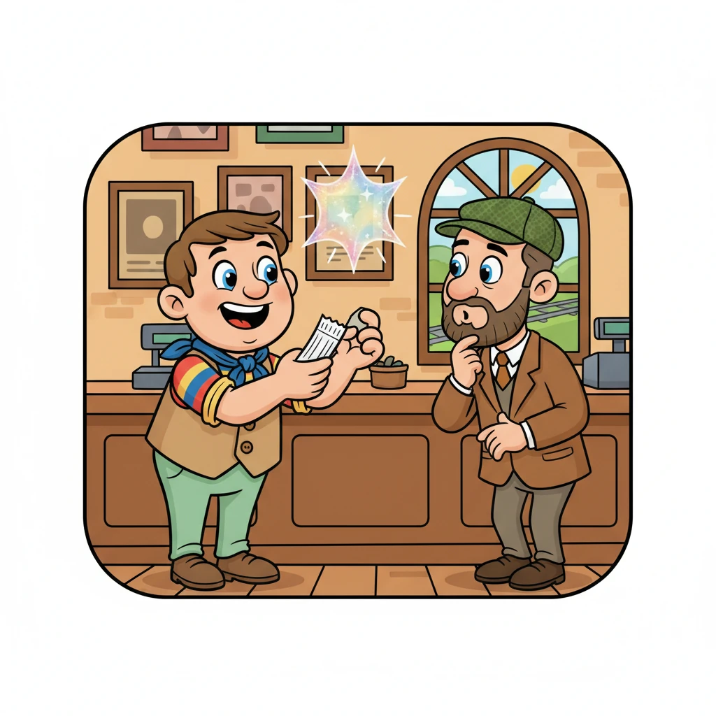 « J'ai trouvé l'offre idéale pour vous ! » s'exclame le vendeur, présentant fièrement le « Pass REMI Découverte Plus ». Le nom du pass apparaît dans une bulle scintillante, presque magique, au-dessus du comptoir. Monsieur Dubois est intrigué.