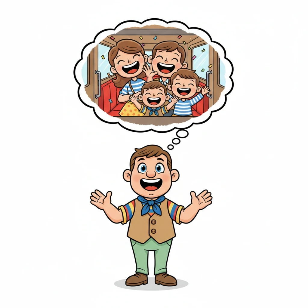 Les yeux de Monsieur Dubois s'écarquillent de surprise et de joie en entendant le prix : seulement 95 euros ! Une image de sa famille éclatant de rire dans un wagon de train apparaît dans une bulle au-dessus de sa tête, remplissant la scène de bonheur. C'est plus abordable qu'il ne l'avait imaginé !