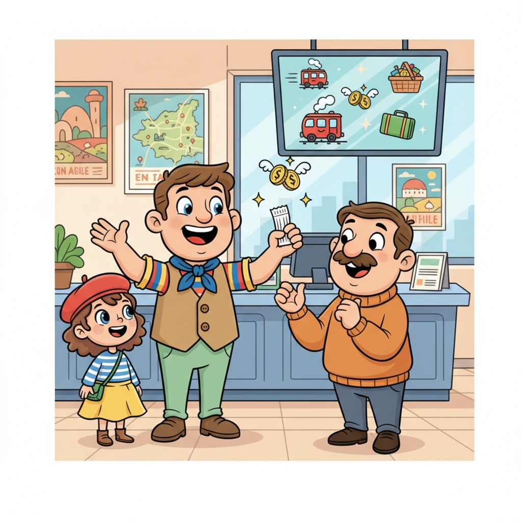 Le vendeur explique les avantages du Pass REMI Découverte Plus, avec des gestes amples et des petits dessins animés qui apparaissent à l'écran. Il montre comment ce pass rendra leur voyage agréable et économique. Monsieur Dubois hoche la tête, de plus en plus enthousiaste.