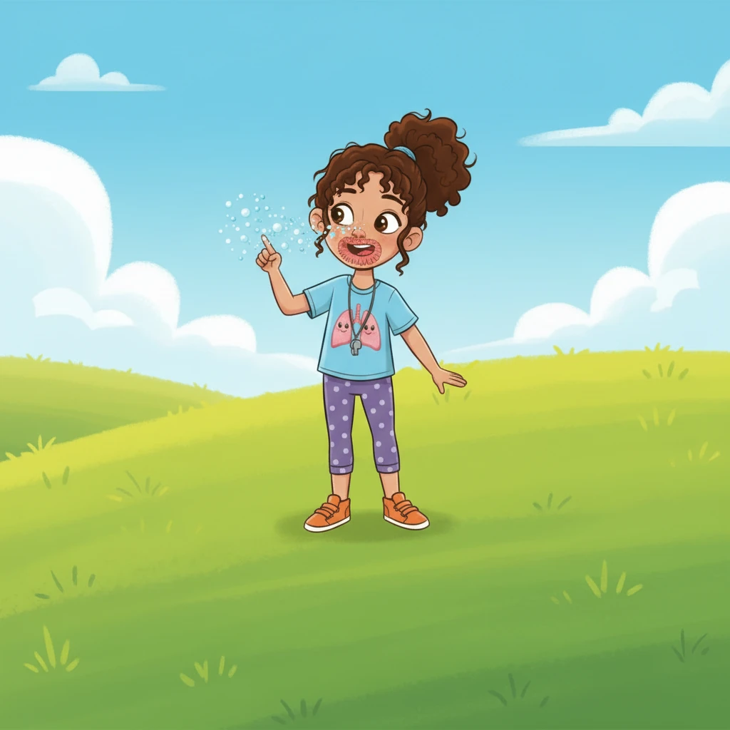 Bree points to her nose and mouth, showing how air rushes in, depicted as tiny sparkling particles. Inside, little cartoon hairs and a warm, moist pathway are ready to clean and warm the incoming air. This fresh air is full of a special invisible gas called oxygen.