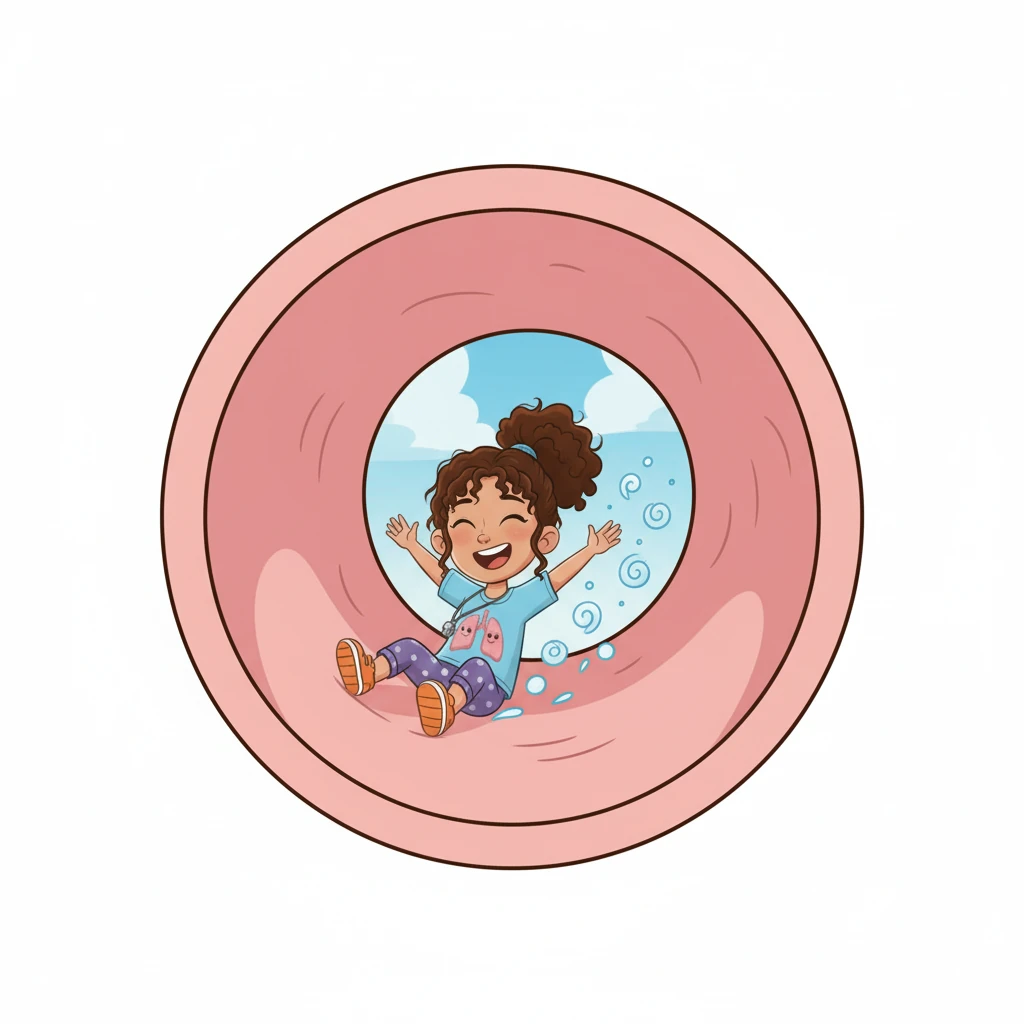 The air particles, now clean and warm, zoom down a big, smooth tube called the trachea, or windpipe. Bree slides down it like a fun slide, giggling as she goes. This tube is strong and keeps the pathway open for air.