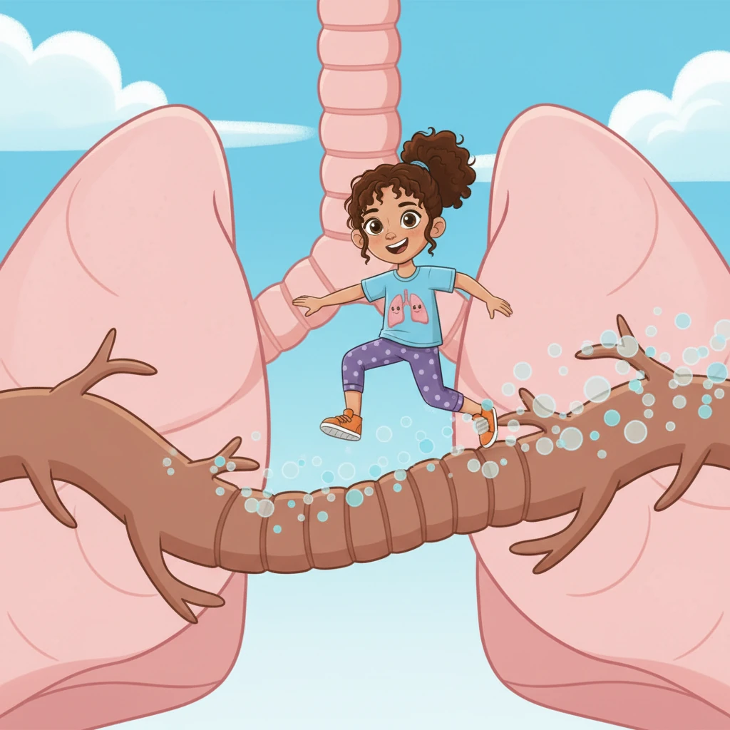 The trachea splits into two main branches, like a tree trunk. Bree hops onto one branch, called a bronchus, as the air particles follow. These two paths lead to our amazing lungs, one on each side.