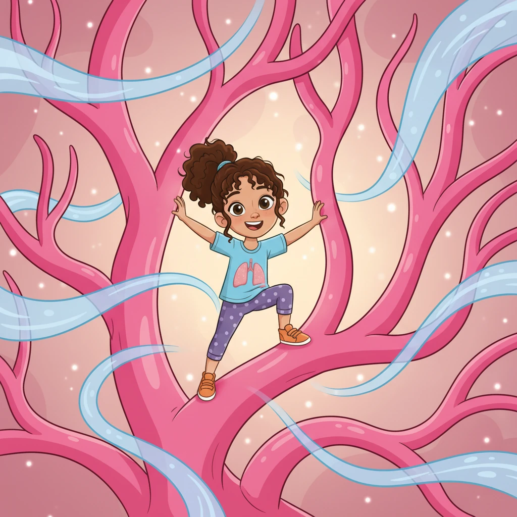Inside the lungs, the bronchi branch out into even smaller tubes, called bronchioles, looking like tiny twigs on a tree. Bree navigates through the winding paths, marveling at how many tiny tubes there are. The air continues its journey deeper and deeper.