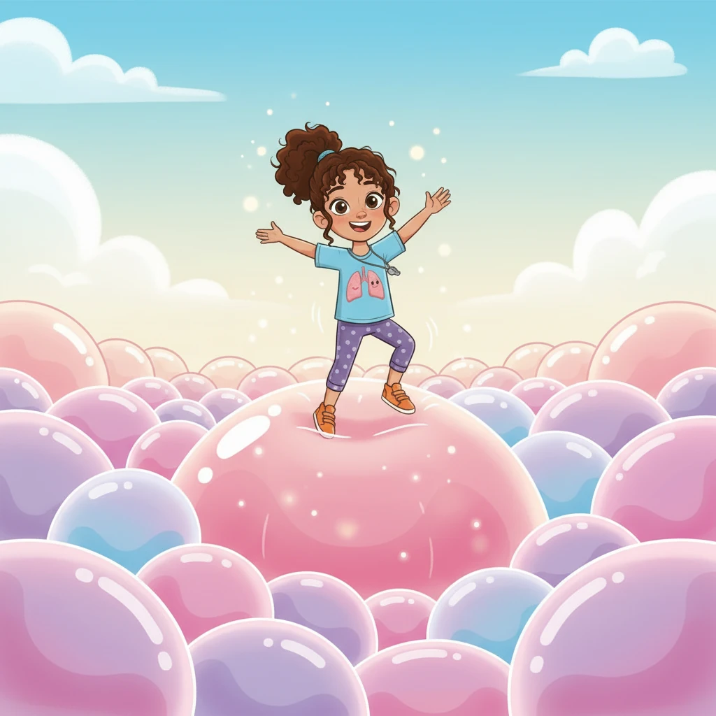 Finally, the air reaches the very end of the bronchioles, where it arrives at clusters of tiny, balloon-like sacs called alveoli. Bree bounces gently on one of these soft, squishy air sacs. This is where the real magic happens!