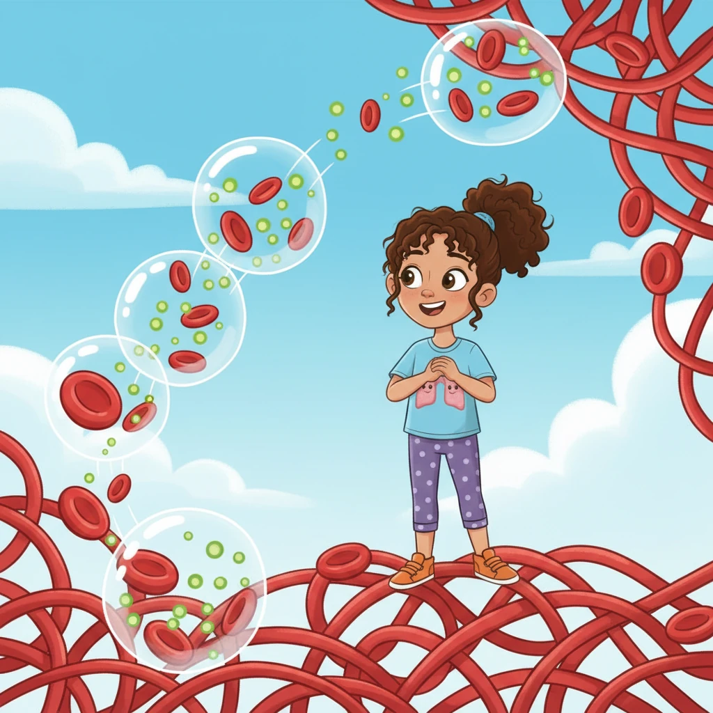 Around each alveolus, a network of tiny blood vessels, called capillaries, is waiting. Bree watches as the tiny oxygen particles, depicted as green glowing dots, leap from the alveoli into the red blood cells in the capillaries. They are off to deliver energy all over the body!