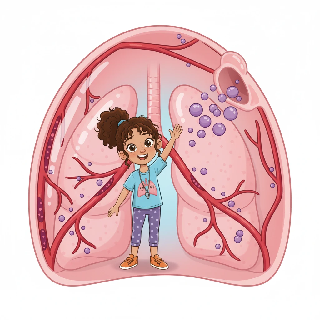 At the same time, a different gas called carbon dioxide, shown as purple bubbly dots, travels from the blood in the capillaries and enters the alveoli. This carbon dioxide is a waste product from our body working hard. Bree sees it eagerly waiting to leave.