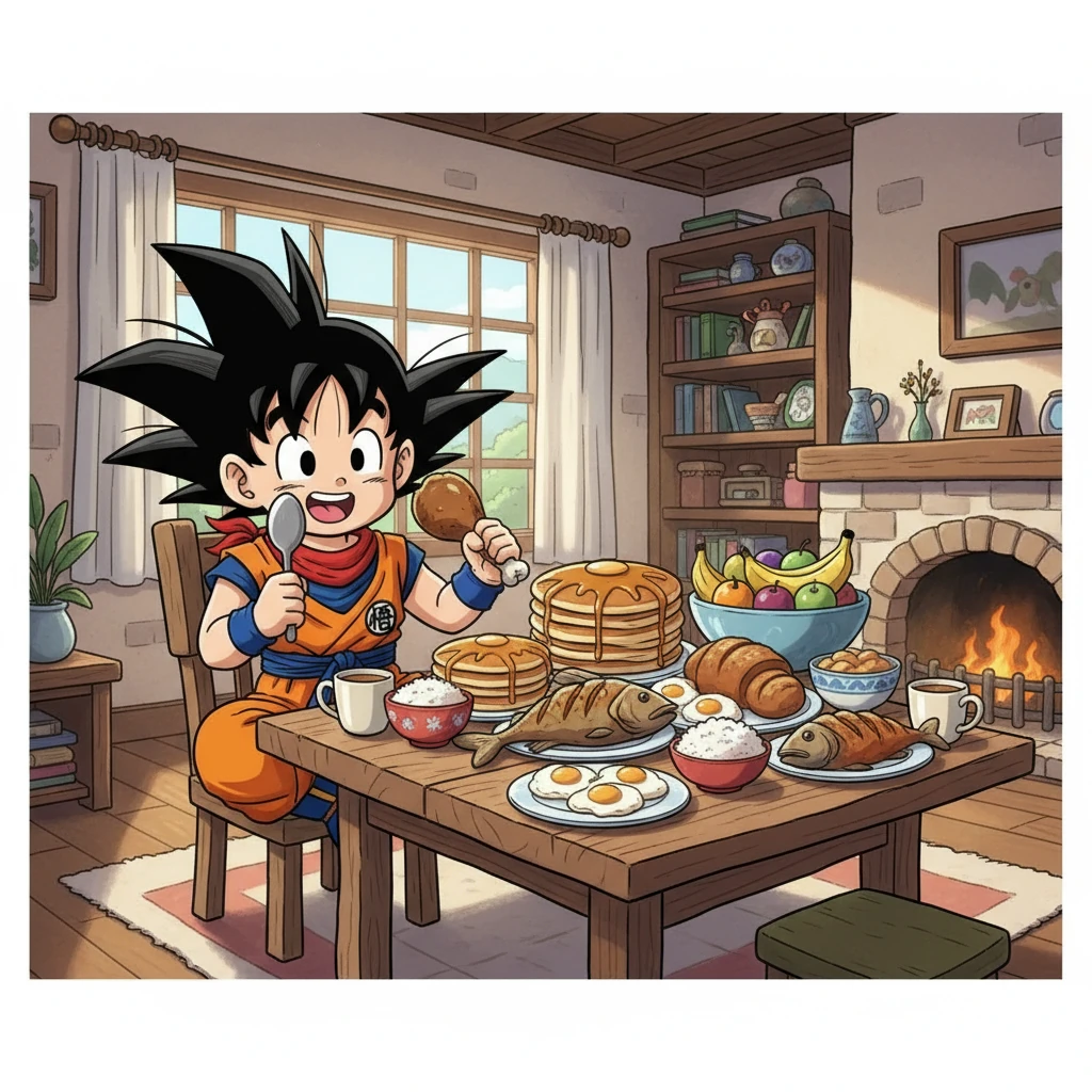 En su casa, Goku disfruta de un gran desayuno. Le encanta comer, especialmente después de un duro entrenamiento. Su camisa naranja resalta contra su piel blanca, mientras planea su día.